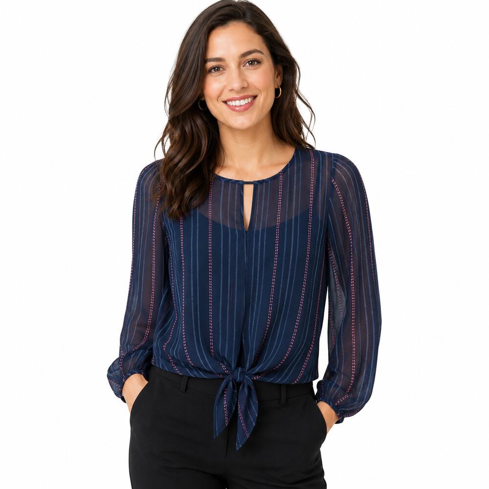 Pink Rose Women's Sheer Navy Blue Striped Keyhole Tie Front Blouse
